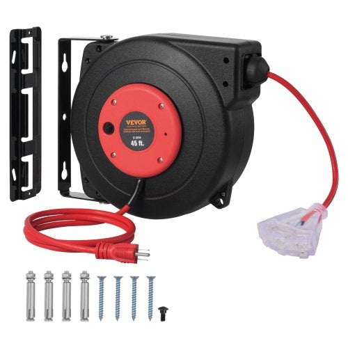 Retractable Extension Cord Reel, 45 FT, Heavy Duty 12AWG/3C SJTOW Retractable Power Cord with Lighted Triple Tap Outlet, 15 Amp Circuit Breaker 180° Swivel Bracket for Ceiling or Wall Mount