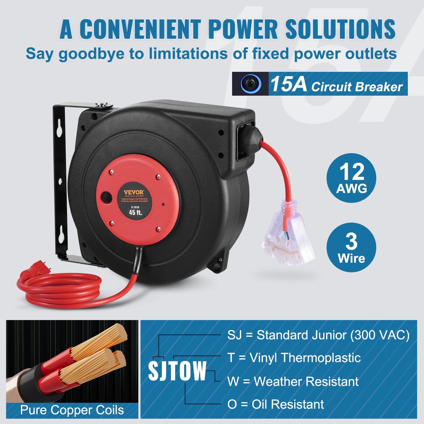 Retractable Extension Cord Reel, 45 FT, Heavy Duty 12AWG/3C SJTOW Retractable Power Cord with Lighted Triple Tap Outlet, 15 Amp Circuit Breaker 180° Swivel Bracket for Ceiling or Wall Mount