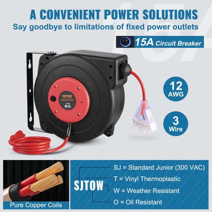Retractable Extension Cord Reel, 45 FT, Heavy Duty 12AWG/3C SJTOW Retractable Power Cord with Lighted Triple Tap Outlet, 15 Amp Circuit Breaker 180° Swivel Bracket for Ceiling or Wall Mount