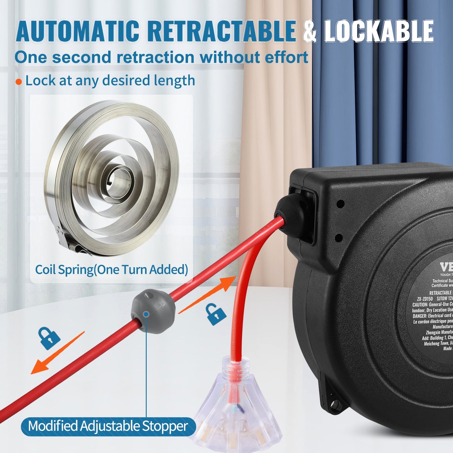 Retractable Extension Cord Reel, 45 FT, Heavy Duty 12AWG/3C SJTOW Retractable Power Cord with Lighted Triple Tap Outlet, 15 Amp Circuit Breaker 180° Swivel Bracket for Ceiling or Wall Mount
