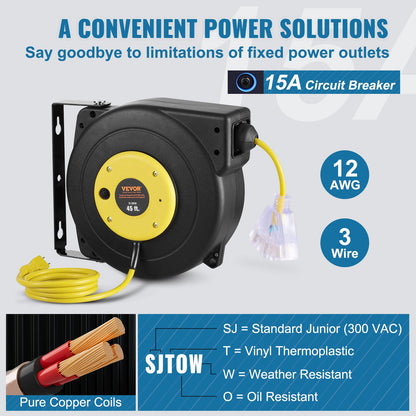 Retractable Extension Cord Reel, 45 FT, Heavy Duty 12AWG/3C SJTOW Retractable Power Cord with Lighted Triple Tap Outlet, 15 Amp Circuit Breaker 180° Swivel Bracket for Ceiling or Wall Mount