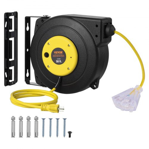 Retractable Extension Cord Reel, 50 FT, Heavy Duty 14AWG/3C SJTOW Retractable Power Cord with Lighted Triple Tap Outlet, 13 Amp Circuit Breaker 180° Swivel Bracket for Ceiling or Wall Mount
