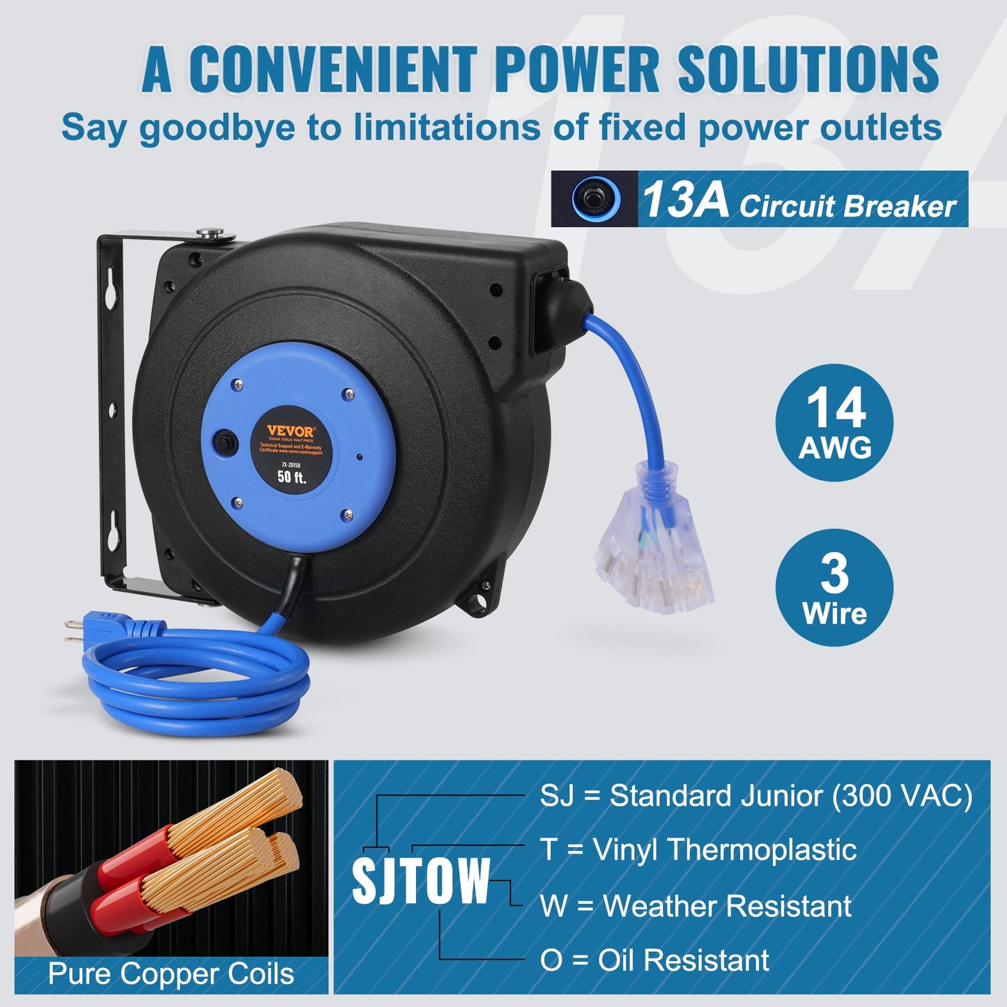 Retractable Extension Cord Reel, 50 FT, Heavy Duty 14AWG/3C SJTOW Retractable Power Cord with Lighted Triple Tap Outlet, 13 Amp Circuit Breaker 180° Swivel Bracket for Ceiling or Wall Mount