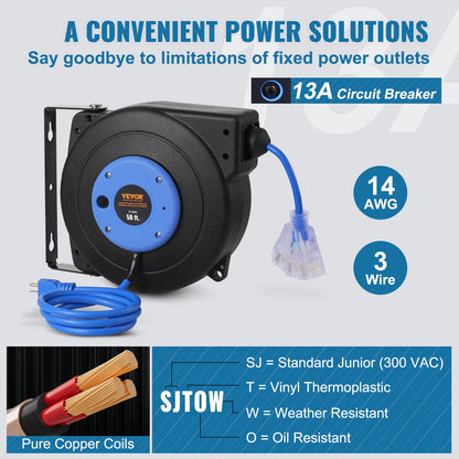 Retractable Extension Cord Reel, 50 FT, Heavy Duty 14AWG/3C SJTOW Retractable Power Cord with Lighted Triple Tap Outlet, 13 Amp Circuit Breaker 180° Swivel Bracket for Ceiling or Wall Mount