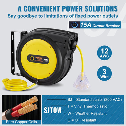 Retractable Extension Cord Reel, 65 FT, Heavy Duty 12AWG/3C SJTOW Retractable Power Cord with Lighted Triple Tap Outlet, 15 Amp Circuit Breaker 180° Swivel Bracket for Ceiling or Wall Mount