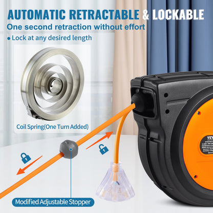 Retractable Extension Cord Reel, 75 FT, Heavy Duty 14AWG/3C SJTOW Retractable Power Cord with Lighted Triple Tap Outlet, 13 Amp Circuit Breaker 180° Swivel Bracket for Ceiling or Wall Mount