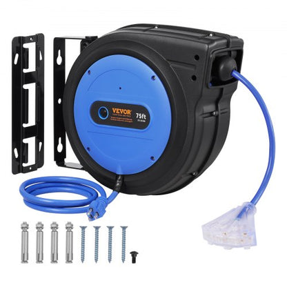 Retractable Extension Cord Reel, 75 FT, Heavy Duty 14AWG/3C SJTOW Retractable Power Cord with Lighted Triple Tap Outlet, 13 Amp Circuit Breaker 180° Swivel Bracket for Ceiling or Wall Mount