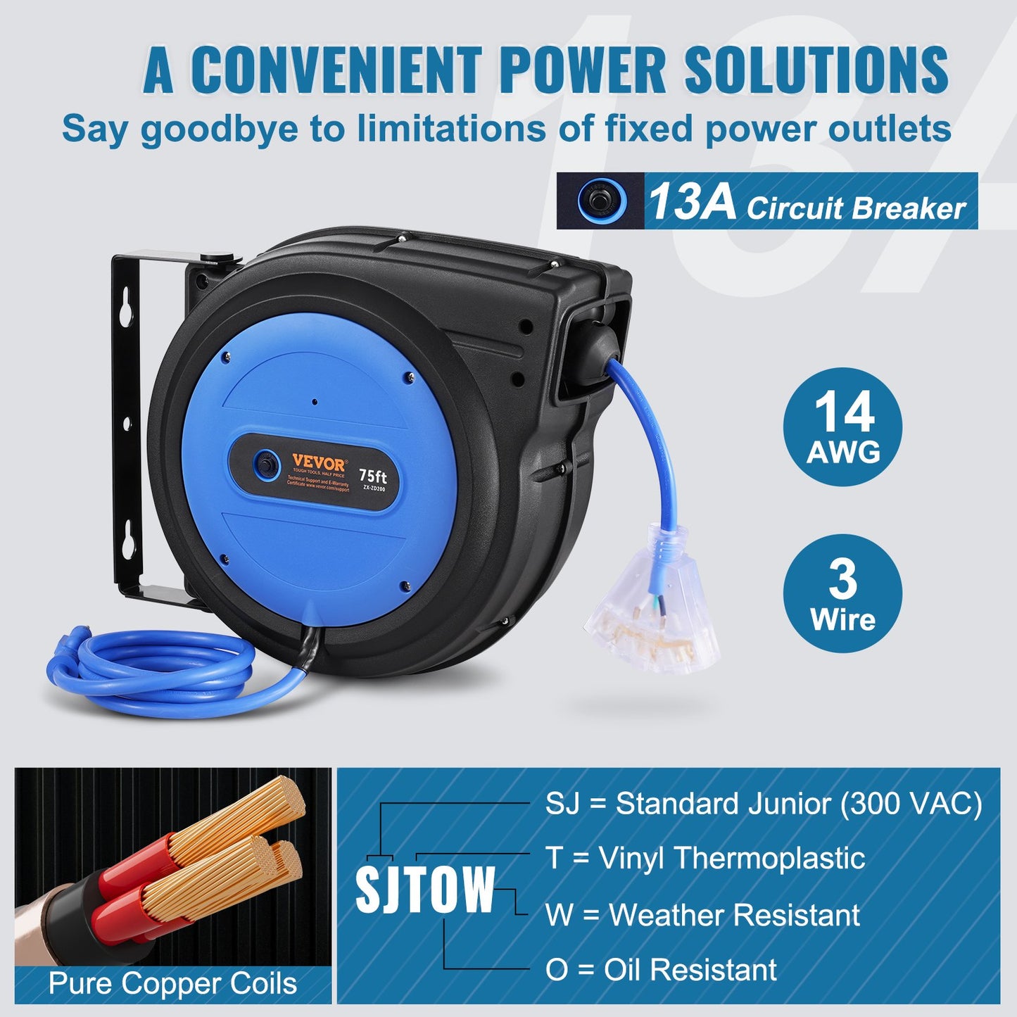 Retractable Extension Cord Reel, 75 FT, Heavy Duty 14AWG/3C SJTOW Retractable Power Cord with Lighted Triple Tap Outlet, 13 Amp Circuit Breaker 180° Swivel Bracket for Ceiling or Wall Mount