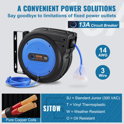 Retractable Extension Cord Reel, 75 FT, Heavy Duty 14AWG/3C SJTOW Retractable Power Cord with Lighted Triple Tap Outlet, 13 Amp Circuit Breaker 180° Swivel Bracket for Ceiling or Wall Mount