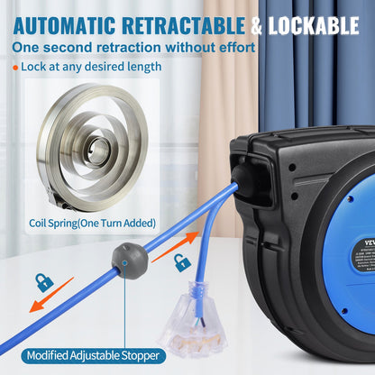 Retractable Extension Cord Reel, 75 FT, Heavy Duty 14AWG/3C SJTOW Retractable Power Cord with Lighted Triple Tap Outlet, 13 Amp Circuit Breaker 180° Swivel Bracket for Ceiling or Wall Mount