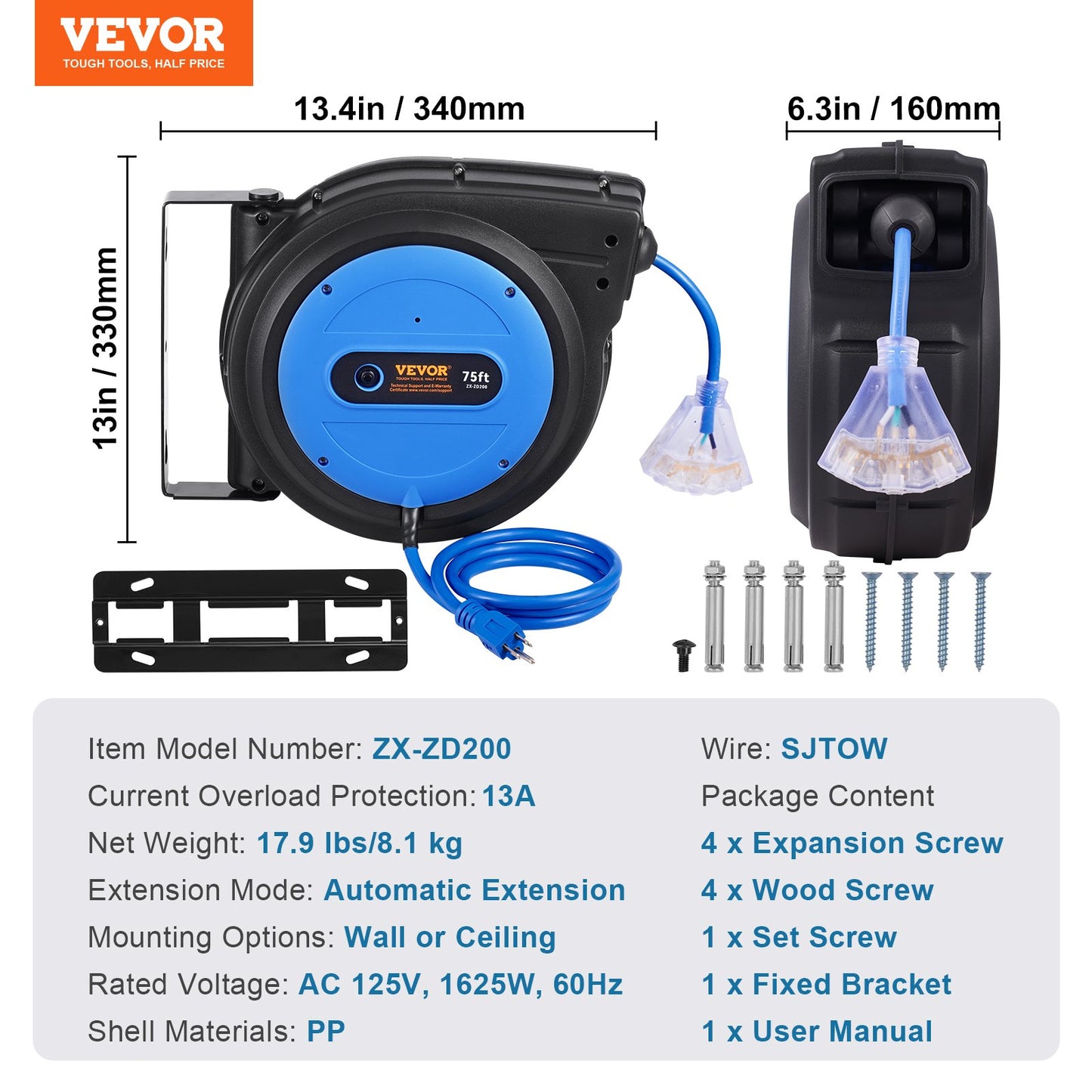 Retractable Extension Cord Reel, 75 FT, Heavy Duty 14AWG/3C SJTOW Retractable Power Cord with Lighted Triple Tap Outlet, 13 Amp Circuit Breaker 180° Swivel Bracket for Ceiling or Wall Mount