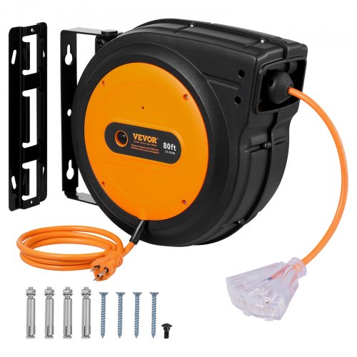 Retractable Extension Cord Reel, 80 FT, Heavy Duty 12AWG/3C SJTOW Retractable Power Cord with Lighted Triple Tap Outlet, 15 Amp Circuit Breaker 180° Swivel Bracket for Ceiling or Wall Mount