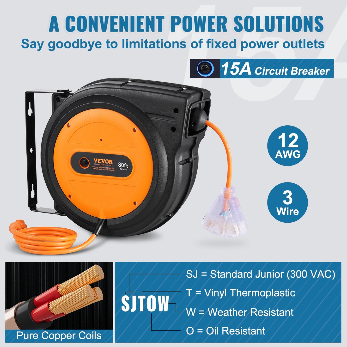 Retractable Extension Cord Reel, 80 FT, Heavy Duty 12AWG/3C SJTOW Retractable Power Cord with Lighted Triple Tap Outlet, 15 Amp Circuit Breaker 180° Swivel Bracket for Ceiling or Wall Mount