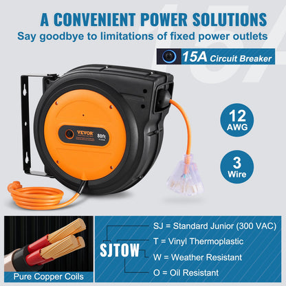 Retractable Extension Cord Reel, 80 FT, Heavy Duty 12AWG/3C SJTOW Retractable Power Cord with Lighted Triple Tap Outlet, 15 Amp Circuit Breaker 180° Swivel Bracket for Ceiling or Wall Mount