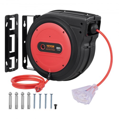 Retractable Extension Cord Reel, 80 FT, Heavy Duty 12AWG/3C SJTOW Retractable Power Cord with Lighted Triple Tap Outlet, 15 Amp Circuit Breaker 180° Swivel Bracket for Ceiling or Wall Mount