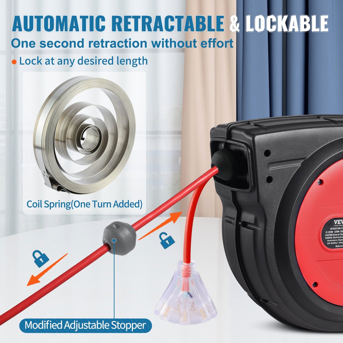 Retractable Extension Cord Reel, 80 FT, Heavy Duty 12AWG/3C SJTOW Retractable Power Cord with Lighted Triple Tap Outlet, 15 Amp Circuit Breaker 180° Swivel Bracket for Ceiling or Wall Mount