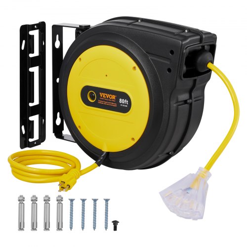 Retractable Extension Cord Reel, 80 FT, Heavy Duty 12AWG/3C SJTOW Retractable Power Cord with Lighted Triple Tap Outlet, 15 Amp Circuit Breaker 180° Swivel Bracket for Ceiling or Wall Mount