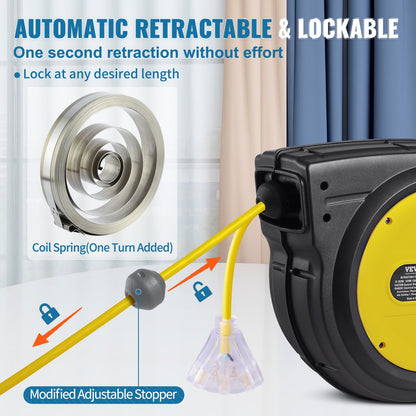 Retractable Extension Cord Reel, 80 FT, Heavy Duty 12AWG/3C SJTOW Retractable Power Cord with Lighted Triple Tap Outlet, 15 Amp Circuit Breaker 180° Swivel Bracket for Ceiling or Wall Mount