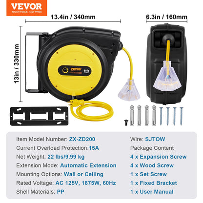 Retractable Extension Cord Reel, 80 FT, Heavy Duty 12AWG/3C SJTOW Retractable Power Cord with Lighted Triple Tap Outlet, 15 Amp Circuit Breaker 180° Swivel Bracket for Ceiling or Wall Mount