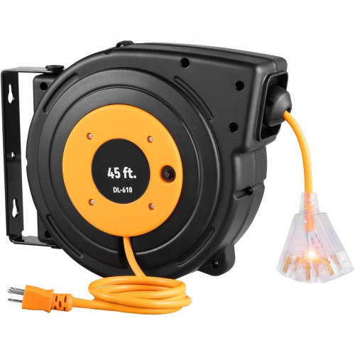 Retractable Extension Reel, Heavy Duty 12AWG/3C SJTOW Power Cord 45 FT 12AWG, Black Tested toStandards