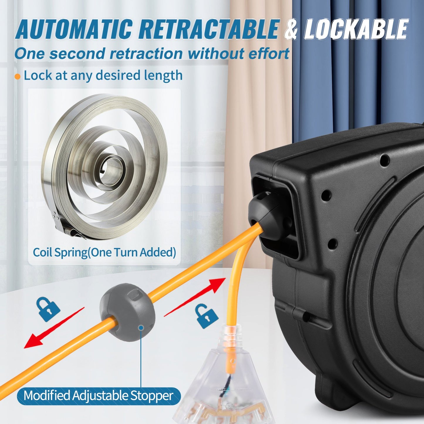 Retractable Extension Reel, Heavy Duty 12AWG/3C SJTOW Power Cord 45 FT 12AWG, Black Tested toStandards