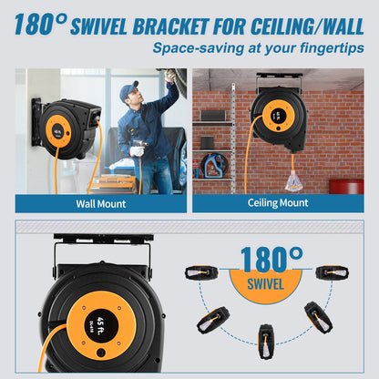 Retractable Extension Reel, Heavy Duty 12AWG/3C SJTOW Power Cord 45 FT 12AWG, Black Tested toStandards