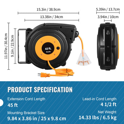 Retractable Extension Reel, Heavy Duty 12AWG/3C SJTOW Power Cord 45 FT 12AWG, Black Tested toStandards