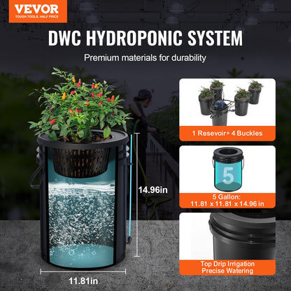RDWC Hydroponik-System mit Umlauf-Tiefwasserkultur, 4 Eimer à 5 Gallonen