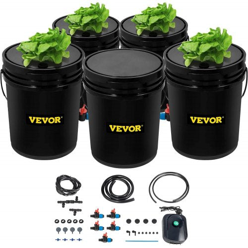 DWC Hydroponic System, 5 Gallon 5 Buckets, Deep Water Culture Growing Bucket, Hydroponics Grow Kit with Pump, Air Stone and Connected Reservoir, for Indoor/Outdoor Leafy Vegetables