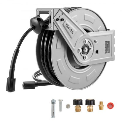 Pressure Washer Hose Reel, 65 ft x 1/4 inch Retractable Power Heavy-Duty Steel Washer Hose Reel, 3200PSI Max, Auto-Rewinding, Flexible Wall/Floor Mounted for Car Washing,Garden,Floor Cleaning