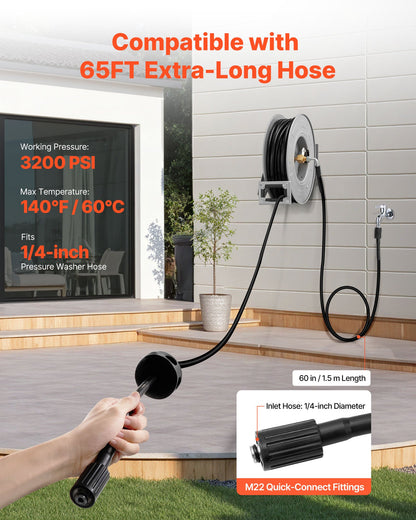 Pressure Washer Hose Reel, 65 ft x 1/4 inch Retractable Power Heavy-Duty Steel Washer Hose Reel, 3200PSI Max, Auto-Rewinding, Flexible Wall/Floor Mounted for Car Washing,Garden,Floor Cleaning