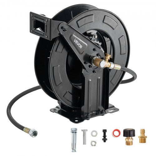 Pressure Washer Hose Reel, 50 ft x 3/8 inch Retractable Power Heavy-Duty Steel Washer Hose Reel, 4000PSI Max, Auto-Rewinding, Flexible Wall/Floor Mounted for Car Washing,Garden,Floor Cleaning