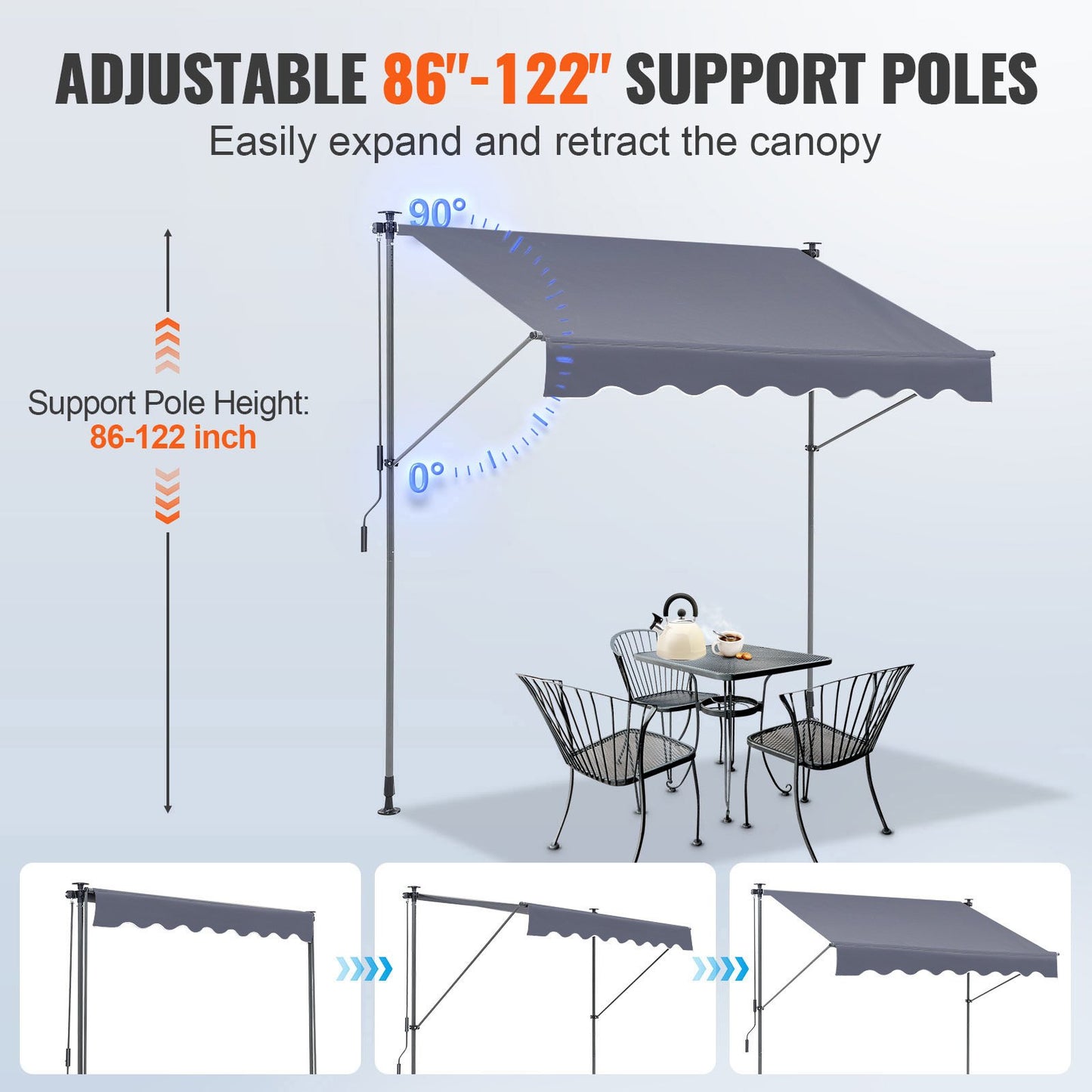 Manual Retractable Awning, 118" Outdoor Retractable Patio Awning Sunshade Shelter, Adjustable Patio Door Window Awning Canopy with 39" Sun Shade Curtain for Backyard, Garden, Balcony