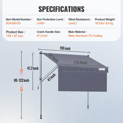 Manuell einziehbare Markise, 118 Zoll einziehbarer Terrassenmarkisen-Sonnenschutz, verstellbares Markisendach für Terrassentürfenster mit 39 Zoll Sonnenschutzvorhang für Hinterhof, Garten, Balkon