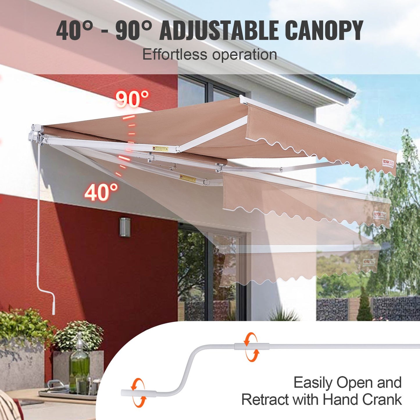 Manual Retractable Awning, 12 x 10 ft Outdoor Patio Awning Retractable Sun Shade, Water-Resistant Polyester Patio Door Window Awning Sunshade Shelter with Crank Handle for Backyard, Balcony