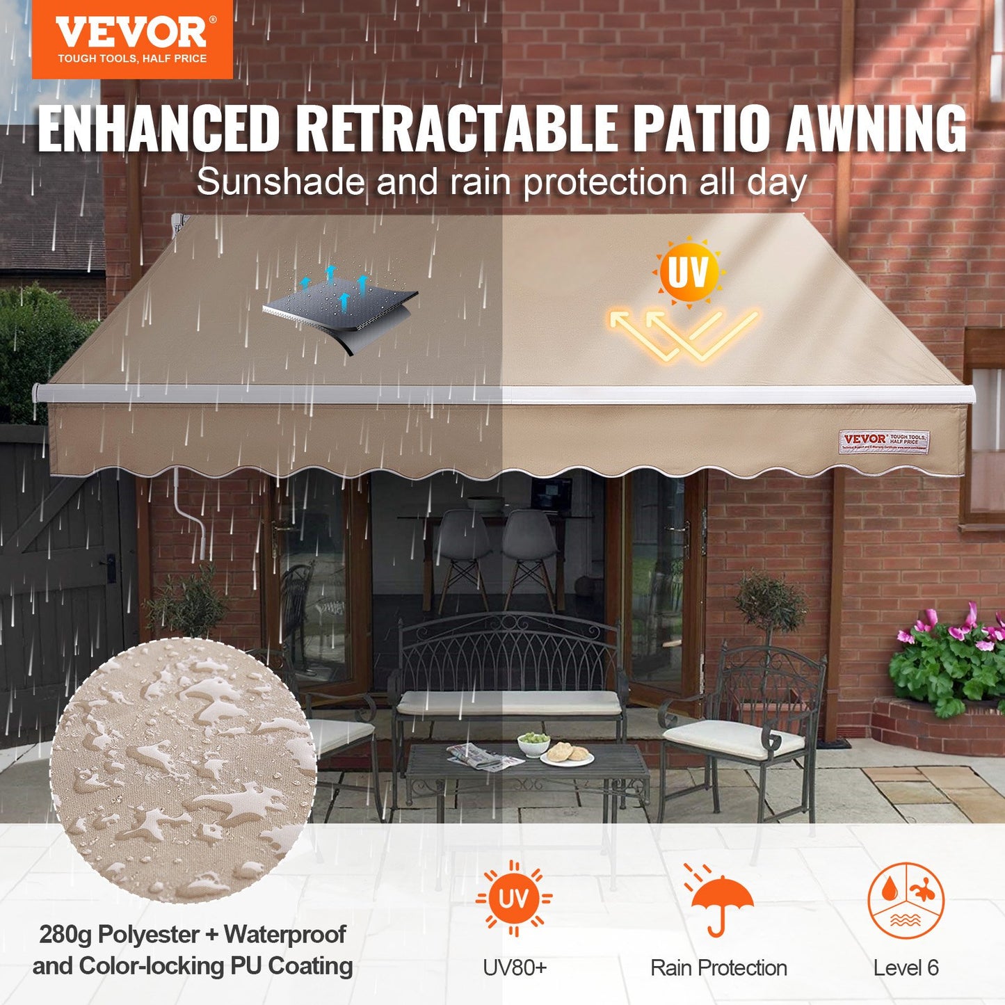 Manual Retractable Awning, 12 x 10 ft. Patio Awning Retractable Sun Shade, Water Repellent Polyester Patio Door Window Awning Sunshade Cover with Crank for Backyard, Balcony