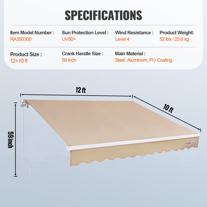 Manual Retractable Awning, 12 x 10 ft. Patio Awning Retractable Sun Shade, Water Repellent Polyester Patio Door Window Awning Sunshade Cover with Crank for Backyard, Balcony