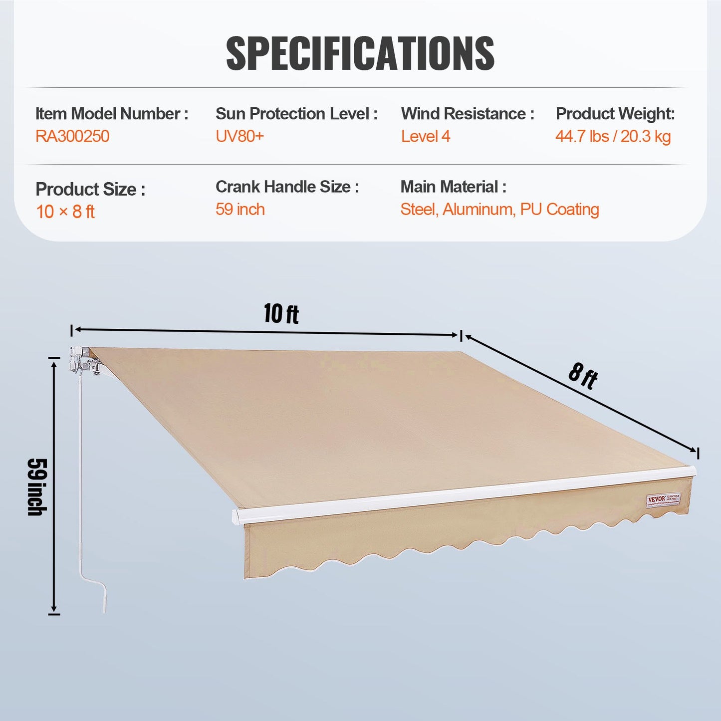 Manuell einziehbare Markise, 10 x 8 Fuß große Terrassenmarkise, einziehbarer Sonnenschutz, wasserdichter Polyester-Terrassentür-Fenstermarkise mit Kurbel für Hinterhof, Balkon