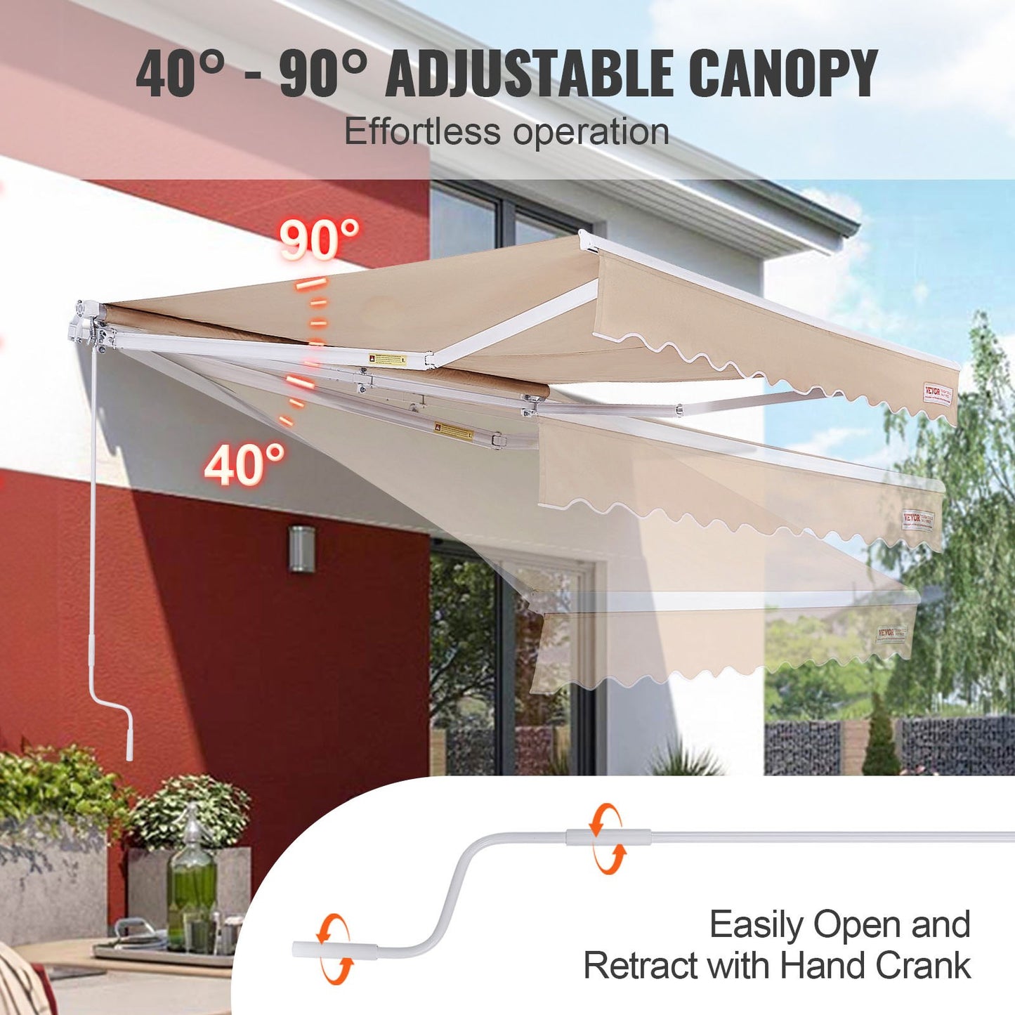 Manual Retractable Awning, 8 x 7 ft Patio Awning Retractable Sun Shade, Water Repellent Polyester Patio Door Window Awning Sunshade Cover with Crank for Backyard, Balcony