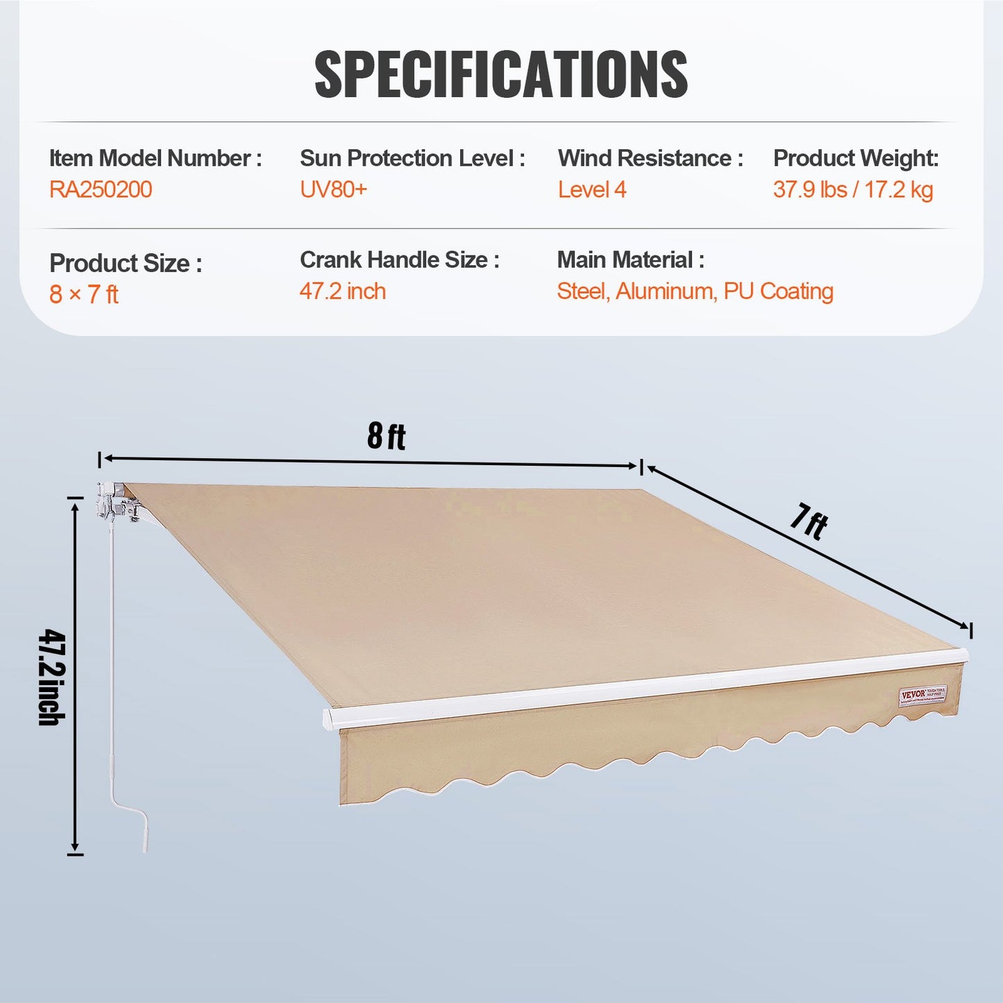 Manual Retractable Awning, 8 x 7 ft Patio Awning Retractable Sun Shade, Water Repellent Polyester Patio Door Window Awning Sunshade Cover with Crank for Backyard, Balcony