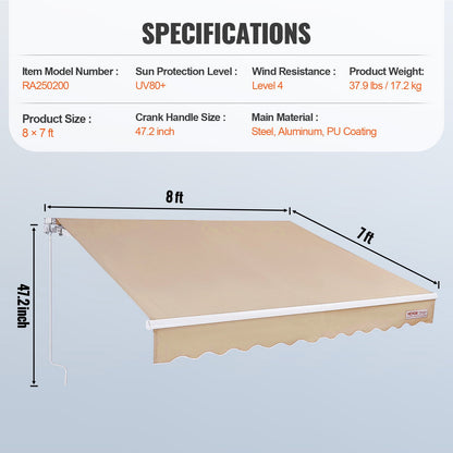 Manual Retractable Awning, 8 x 7 ft Patio Awning Retractable Sun Shade, Water Repellent Polyester Patio Door Window Awning Sunshade Cover with Crank for Backyard, Balcony