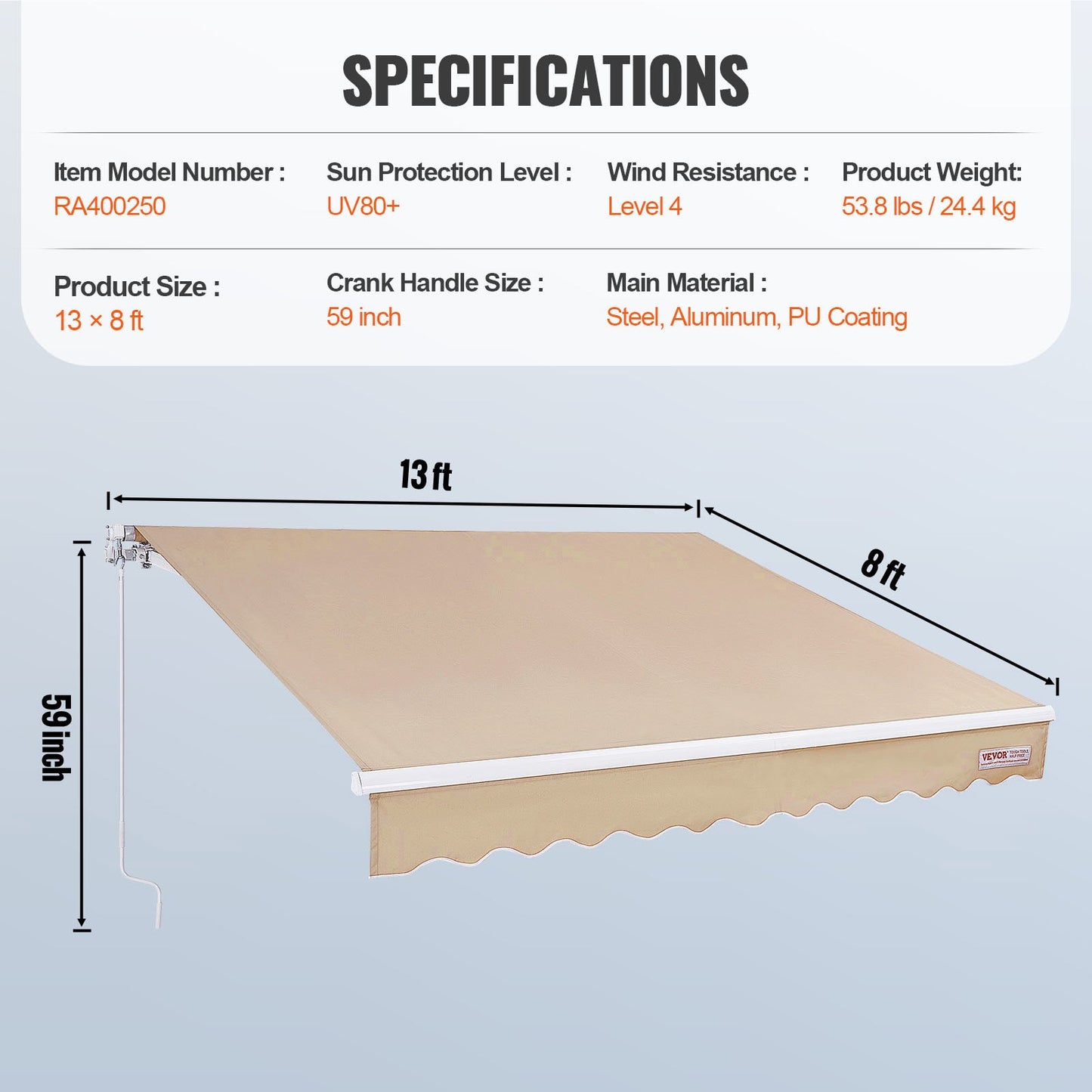 Manuell infällbar markis, 13 x 8 ft uteplatsmarkis Utfällbar solskydd, vattentät polyester uteplatsdörr Fönstermarkis solskyddsskydd med vev för bakgård, balkong