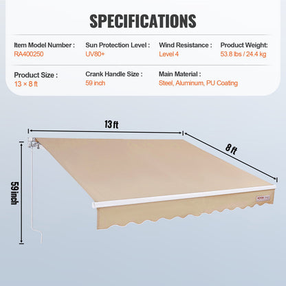 Manuell infällbar markis, 13 x 8 ft uteplatsmarkis Utfällbar solskydd, vattentät polyester uteplatsdörr Fönstermarkis solskyddsskydd med vev för bakgård, balkong