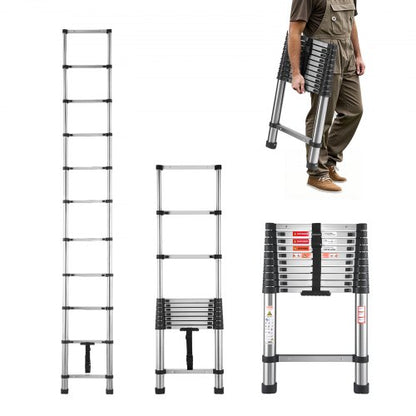 Telescoping Ladder, 10.5ft Stainless Steel Lightweight Extension Ladder, Multi-Button Retraction Collapsible Ladders, 330LBS Capacity & Non-Slip Feet, Portable 11-Step Ladders for Home, RV, Loft
