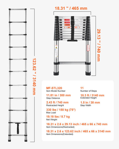 Telescoping Ladder, 10.5ft Stainless Steel Lightweight Extension Ladder, Multi-Button Retraction Collapsible Ladders, 330LBS Capacity & Non-Slip Feet, Portable 11-Step Ladders for Home, RV, Loft