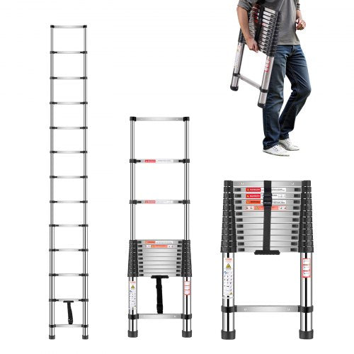 Telescoping Ladder, 12.5ft Stainless Steel Lightweight Extension Ladder, Multi-Button Retraction Collapsible Ladders, 330LBS Capacity & Non-Slip Feet, Portable 13-Step Ladders for Home, RV, Loft