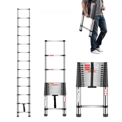 Telescoping Ladder, 12.5ft Stainless Steel Lightweight Extension Ladder, Multi-Button Retraction Collapsible Ladders, 330LBS Capacity & Non-Slip Feet, Portable 13-Step Ladders for Home, RV, Loft