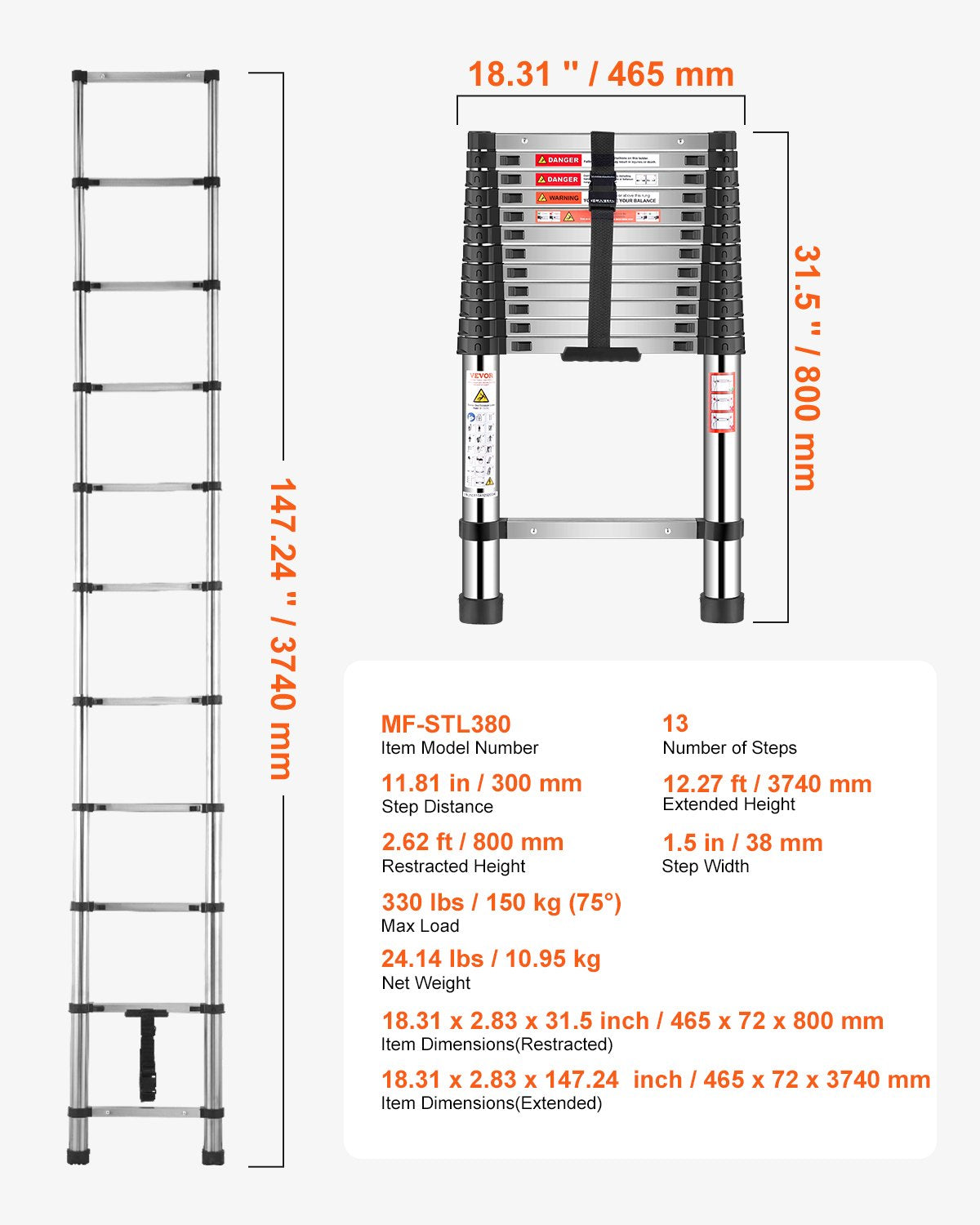 Telescoping Ladder, 12.5ft Stainless Steel Lightweight Extension Ladder, Multi-Button Retraction Collapsible Ladders, 330LBS Capacity & Non-Slip Feet, Portable 13-Step Ladders for Home, RV, Loft