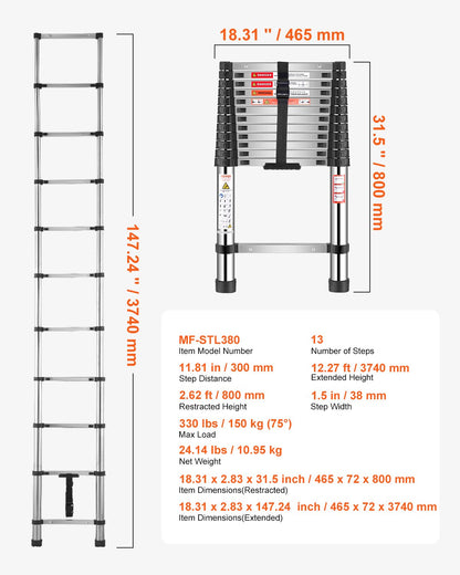 Telescoping Ladder, 12.5ft Stainless Steel Lightweight Extension Ladder, Multi-Button Retraction Collapsible Ladders, 330LBS Capacity & Non-Slip Feet, Portable 13-Step Ladders for Home, RV, Loft