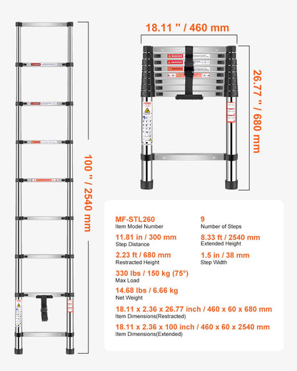 Telescoping Ladder, 8.5ft Stainless Steel Lightweight Extension Ladder, Multi-Button Retraction Collapsible Ladders, 330LBS Capacity & Non-Slip Feet, Portable 9-Step Ladders for Home, RV, Loft